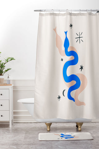 Mambo Art Studio Blue and Pink Snakes Shower Curtain And Mat