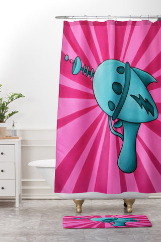 Mandy Hazell Pew Pew Teal Shower Curtain And Mat