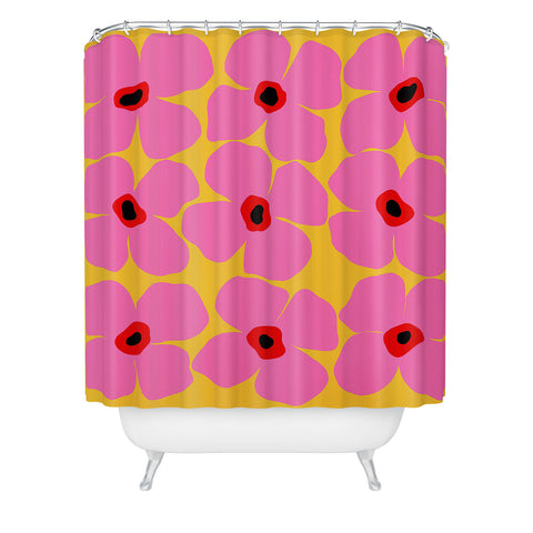 Maritza Lisa Abstract Pink Flowers With Yellow Shower Curtain