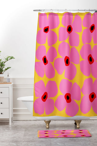 Maritza Lisa Abstract Pink Flowers With Yellow Shower Curtain And Mat