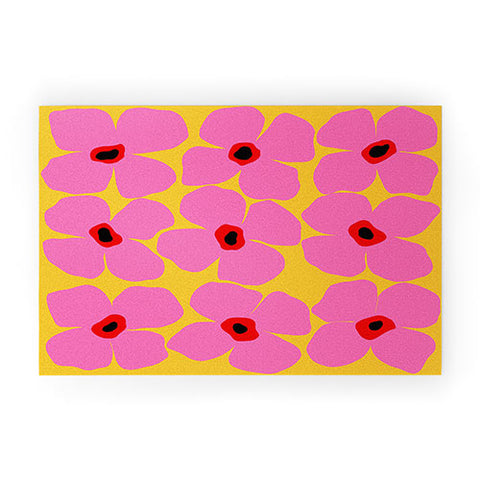 Maritza Lisa Abstract Pink Flowers With Yellow Welcome Mat