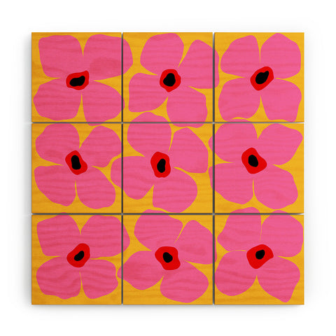 Maritza Lisa Abstract Pink Flowers With Yellow Wood Wall Mural