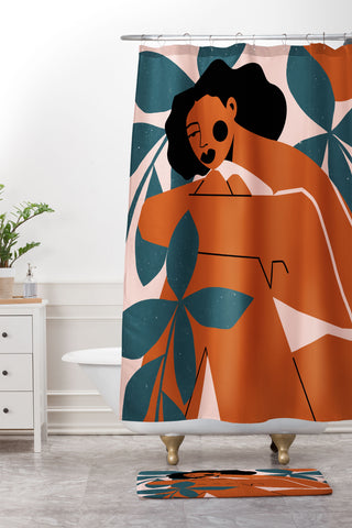 Maritza Lisa Pink Bikini Dark Green Flower Shower Curtain And Mat