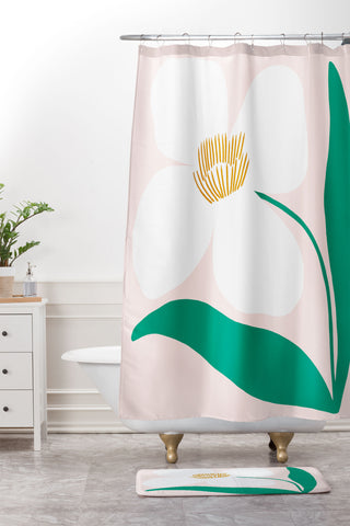 Maritza Lisa Single White Abstract Flower Shower Curtain And Mat