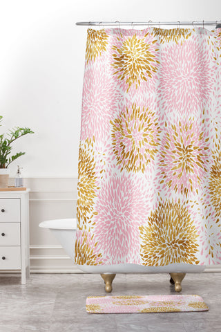 Marta Barragan Camarasa Abstract flowers pink and gold Shower Curtain And Mat