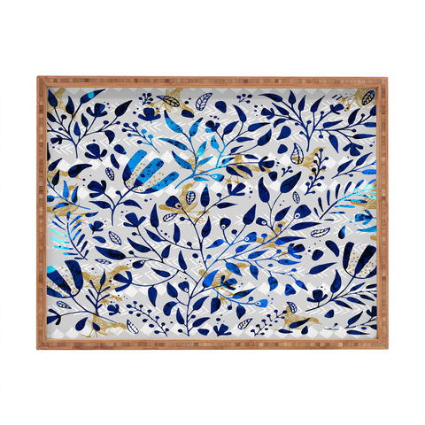 Marta Barragan Camarasa Abstract nature with golden birds Rectangular Tray