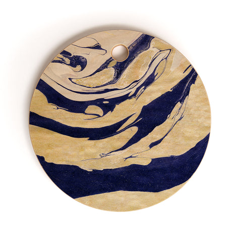 Marta Barragan Camarasa Abstract painting of blue and golden waves Cutting Board Round