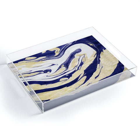 Marta Barragan Camarasa Abstract painting of blue and golden waves Acrylic Tray