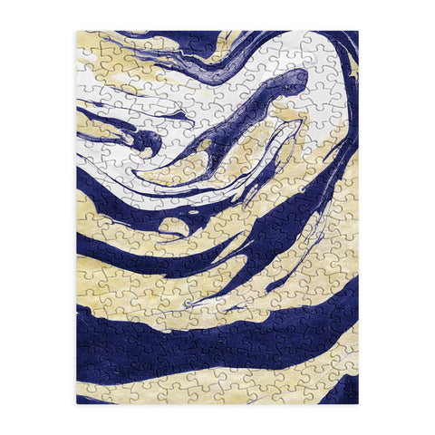 Marta Barragan Camarasa Abstract painting of blue and golden waves Puzzle