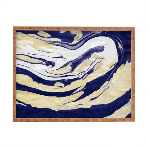 Marta Barragan Camarasa Abstract painting of blue and golden waves Rectangular Tray