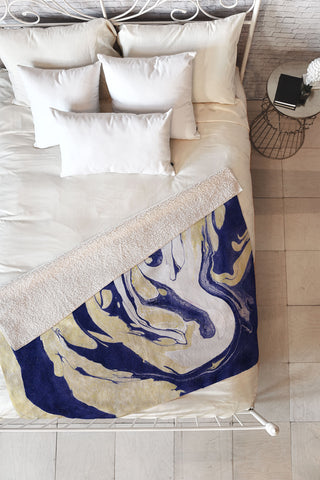 Marta Barragan Camarasa Abstract painting of blue and golden waves Fleece Throw Blanket