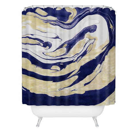 Marta Barragan Camarasa Abstract painting of blue and golden waves Shower Curtain