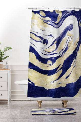 Marta Barragan Camarasa Abstract painting of blue and golden waves Shower Curtain And Mat