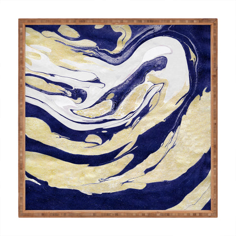 Marta Barragan Camarasa Abstract painting of blue and golden waves Square Tray