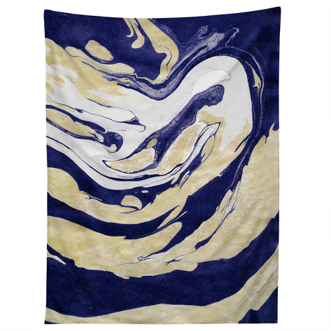 Marta Barragan Camarasa Abstract painting of blue and golden waves Tapestry