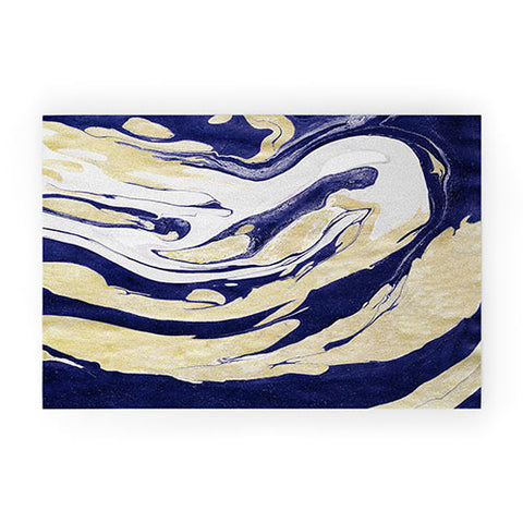 Marta Barragan Camarasa Abstract painting of blue and golden waves Welcome Mat
