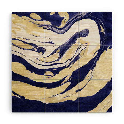 Marta Barragan Camarasa Abstract painting of blue and golden waves Wood Wall Mural