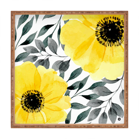 Marta Barragan Camarasa Big yellow watercolor flowers Square Tray