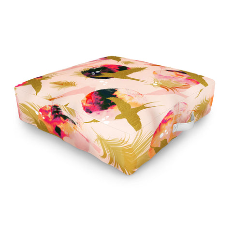 Marta Barragan Camarasa Bird flying with sunset and feathers Outdoor Floor Cushion