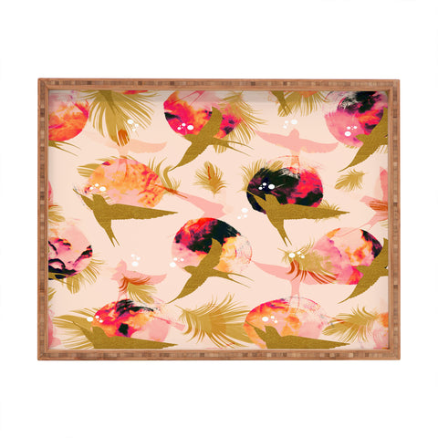 Marta Barragan Camarasa Bird flying with sunset and feathers Rectangular Tray
