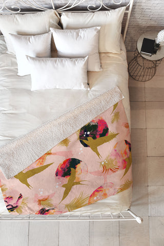 Marta Barragan Camarasa Bird flying with sunset and feathers Fleece Throw Blanket