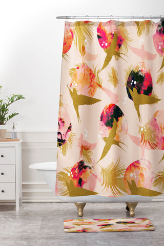 Marta Barragan Camarasa Bird flying with sunset and feathers Shower Curtain And Mat
