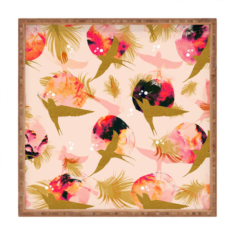 Marta Barragan Camarasa Bird flying with sunset and feathers Square Tray