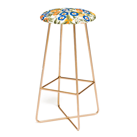 Marta Barragan Camarasa Blue flowers on orange B Bar Stool