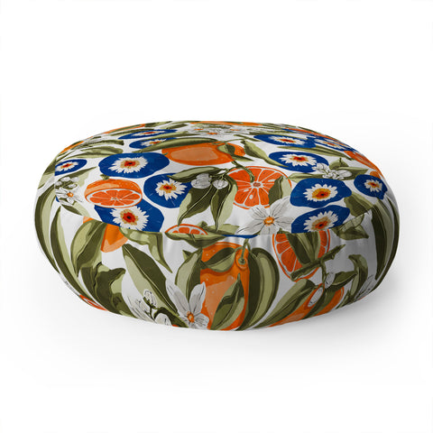 Marta Barragan Camarasa Blue flowers on orange B Floor Pillow Round