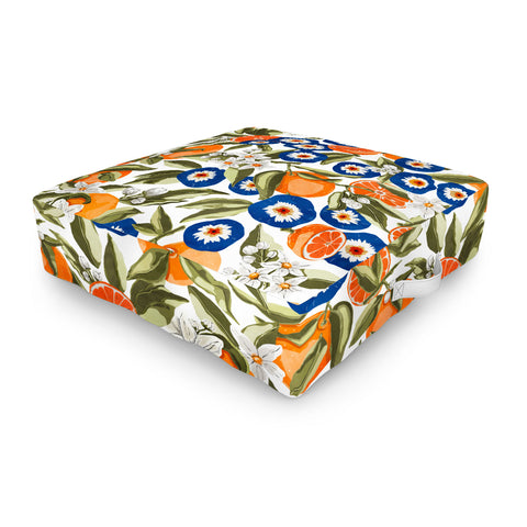 Marta Barragan Camarasa Blue flowers on orange B Outdoor Floor Cushion