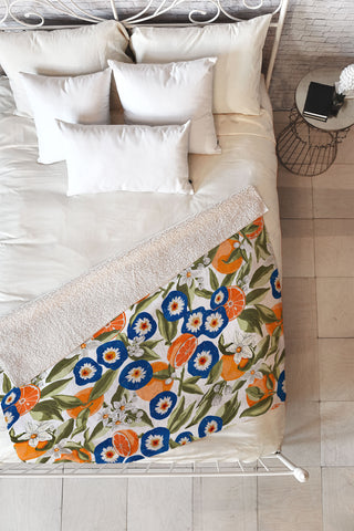 Marta Barragan Camarasa Blue flowers on orange B Fleece Throw Blanket