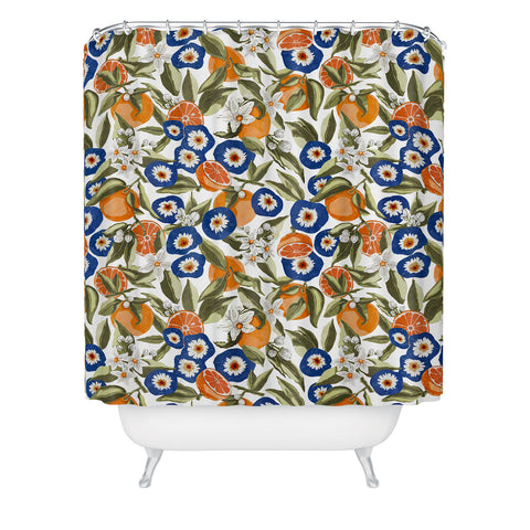 Marta Barragan Camarasa Blue flowers on orange B Shower Curtain