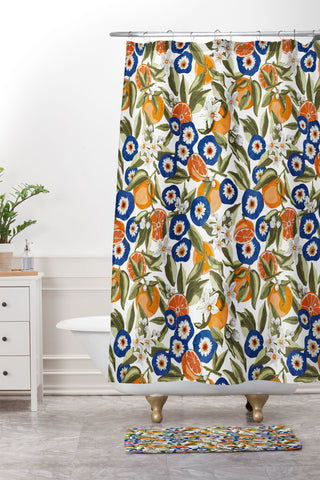 Marta Barragan Camarasa Blue flowers on orange B Shower Curtain And Mat