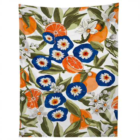 Marta Barragan Camarasa Blue flowers on orange B Tapestry