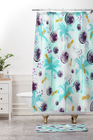 Marta Barragan Camarasa Blue tropical pattern with fruits Shower Curtain And Mat