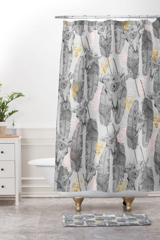 Marta Barragan Camarasa Boho skull and feathers pattern Shower Curtain And Mat