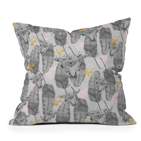Marta Barragan Camarasa Boho skull and feathers pattern Throw Pillow
