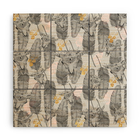 Marta Barragan Camarasa Boho skull and feathers pattern Wood Wall Mural