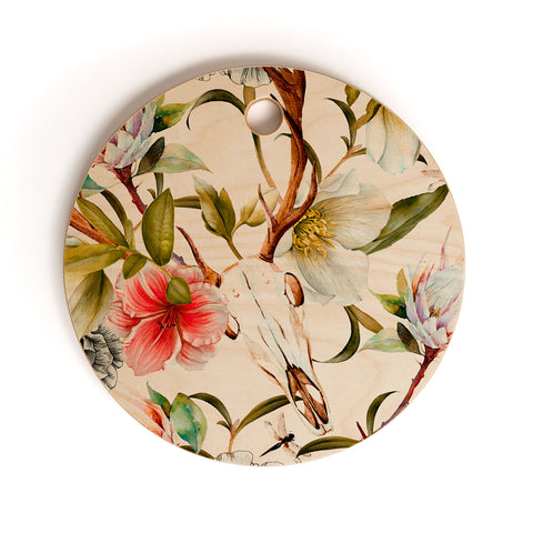 Marta Barragan Camarasa Boho skulls blooming in the garden Cutting Board Round