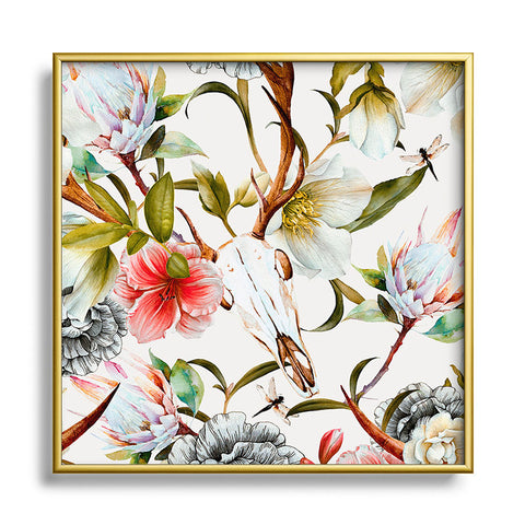 Marta Barragan Camarasa Boho skulls blooming in the garden Square Metal Framed Art Print