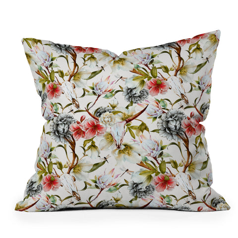 Marta Barragan Camarasa Boho skulls blooming in the garden Throw Pillow