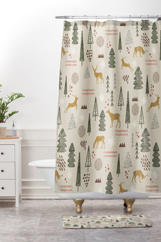Marta Barragan Camarasa Deer Christmas forest Shower Curtain And Mat