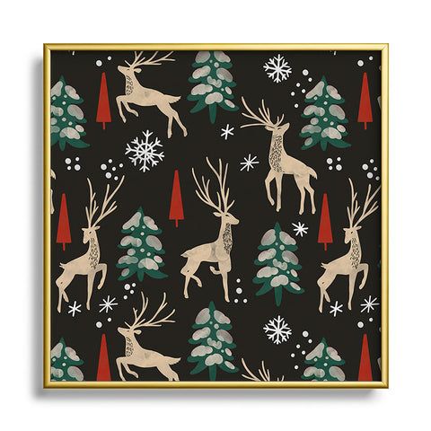 Marta Barragan Camarasa Deer in the snowy night Square Metal Framed Art Print