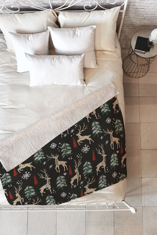 Marta Barragan Camarasa Deer in the snowy night Fleece Throw Blanket