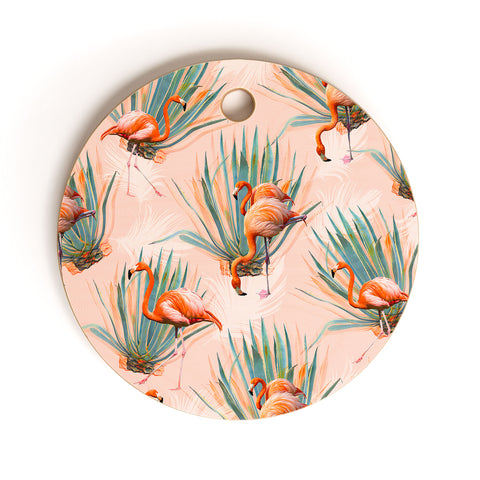 Marta Barragan Camarasa Flamingos pattern with cactus Cutting Board Round