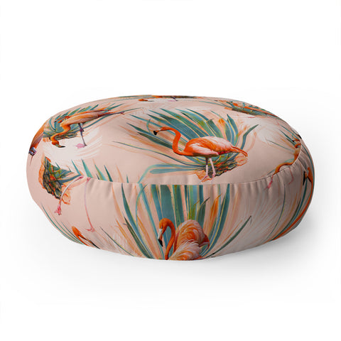 Marta Barragan Camarasa Flamingos pattern with cactus Floor Pillow Round
