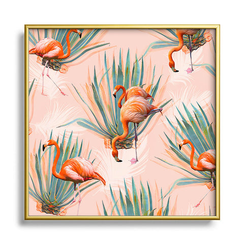 Marta Barragan Camarasa Flamingos pattern with cactus Square Metal Framed Art Print