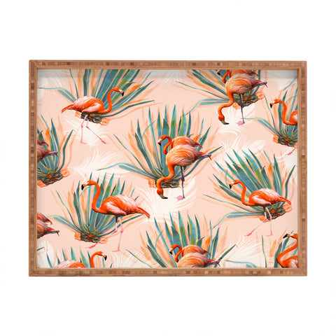 Marta Barragan Camarasa Flamingos pattern with cactus Rectangular Tray