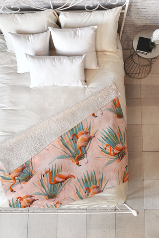Marta Barragan Camarasa Flamingos pattern with cactus Fleece Throw Blanket