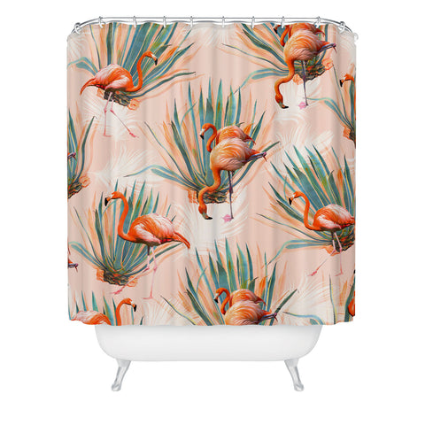 Marta Barragan Camarasa Flamingos pattern with cactus Shower Curtain